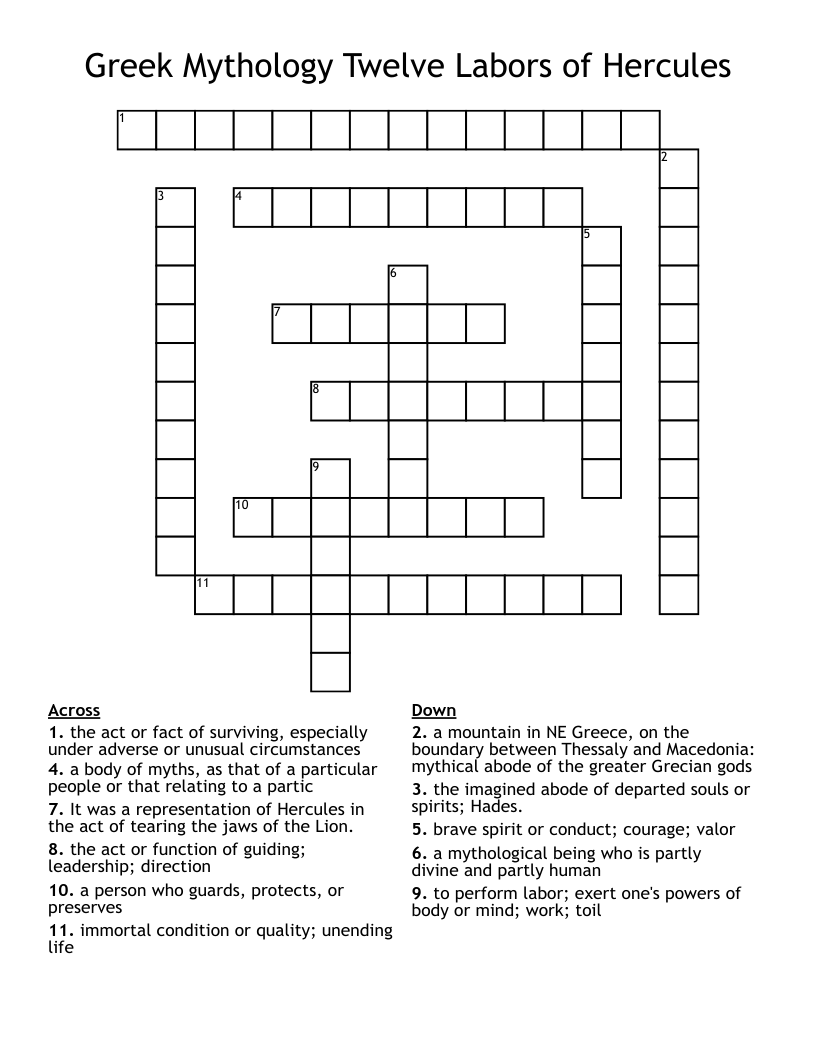 Greek Mythology Twelve Labors of Hercules Crossword