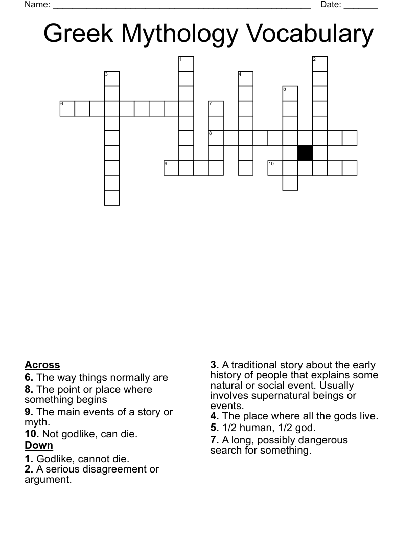 Greek Mythology Vocabulary Crossword