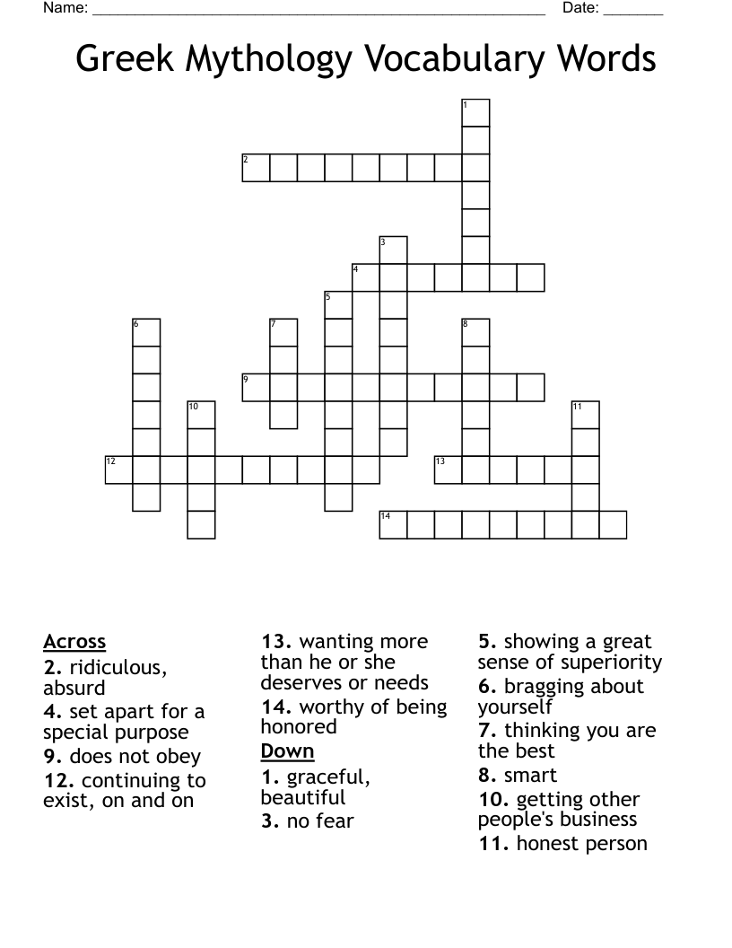 Greek Mythology Vocabulary Words Crossword