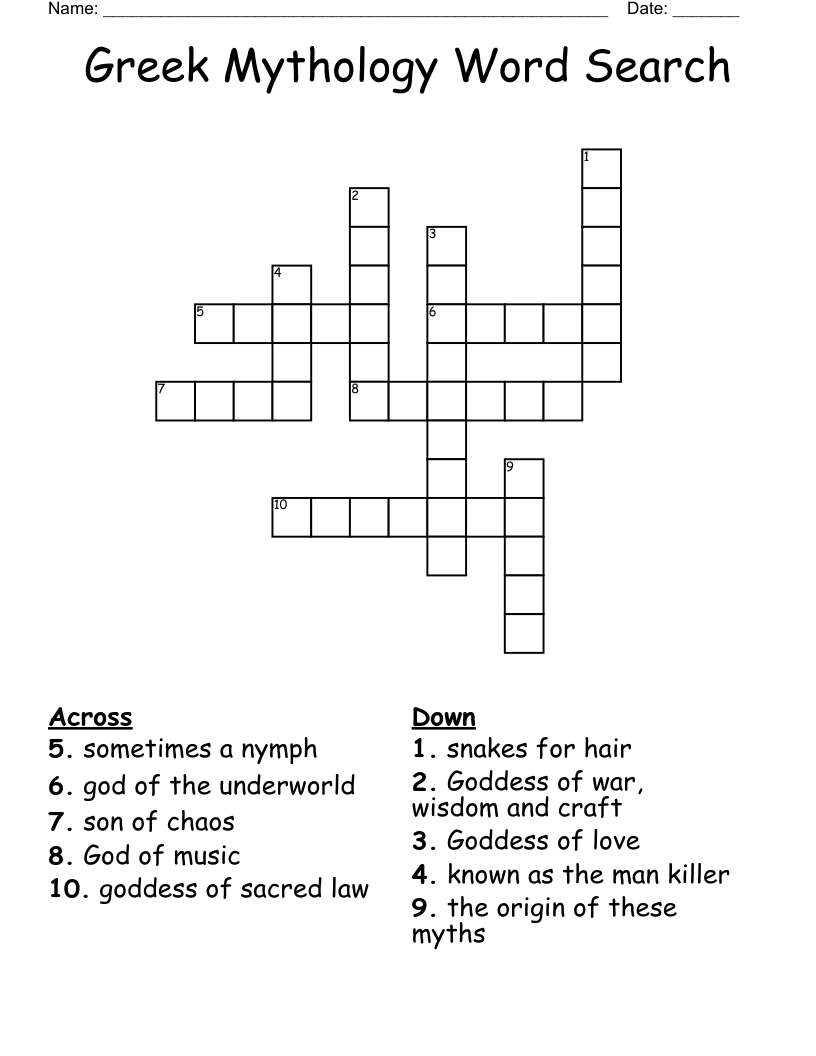 Greek Mythology Word Search Crossword