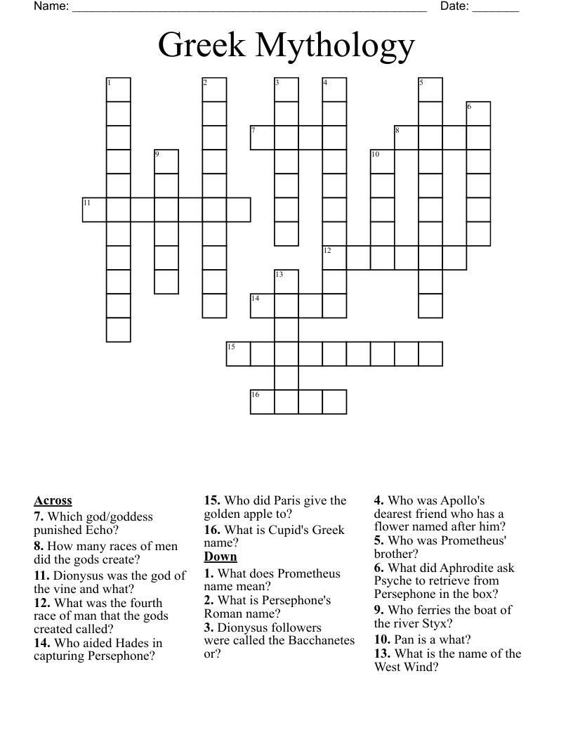 Greek Mythology  Crossword