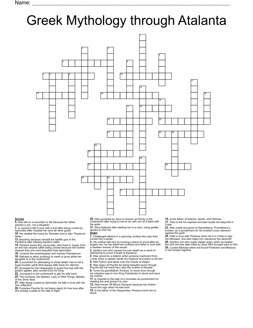 Greek Mythology through Atalanta Crossword