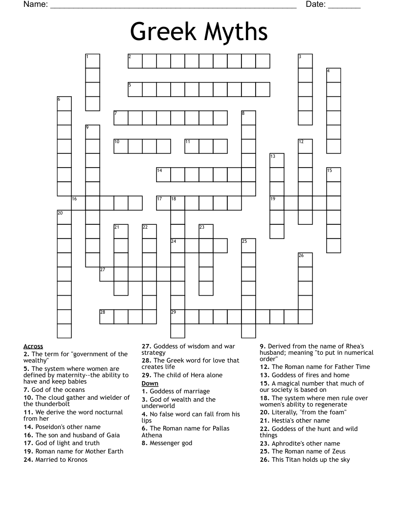 Greek Myths Crossword