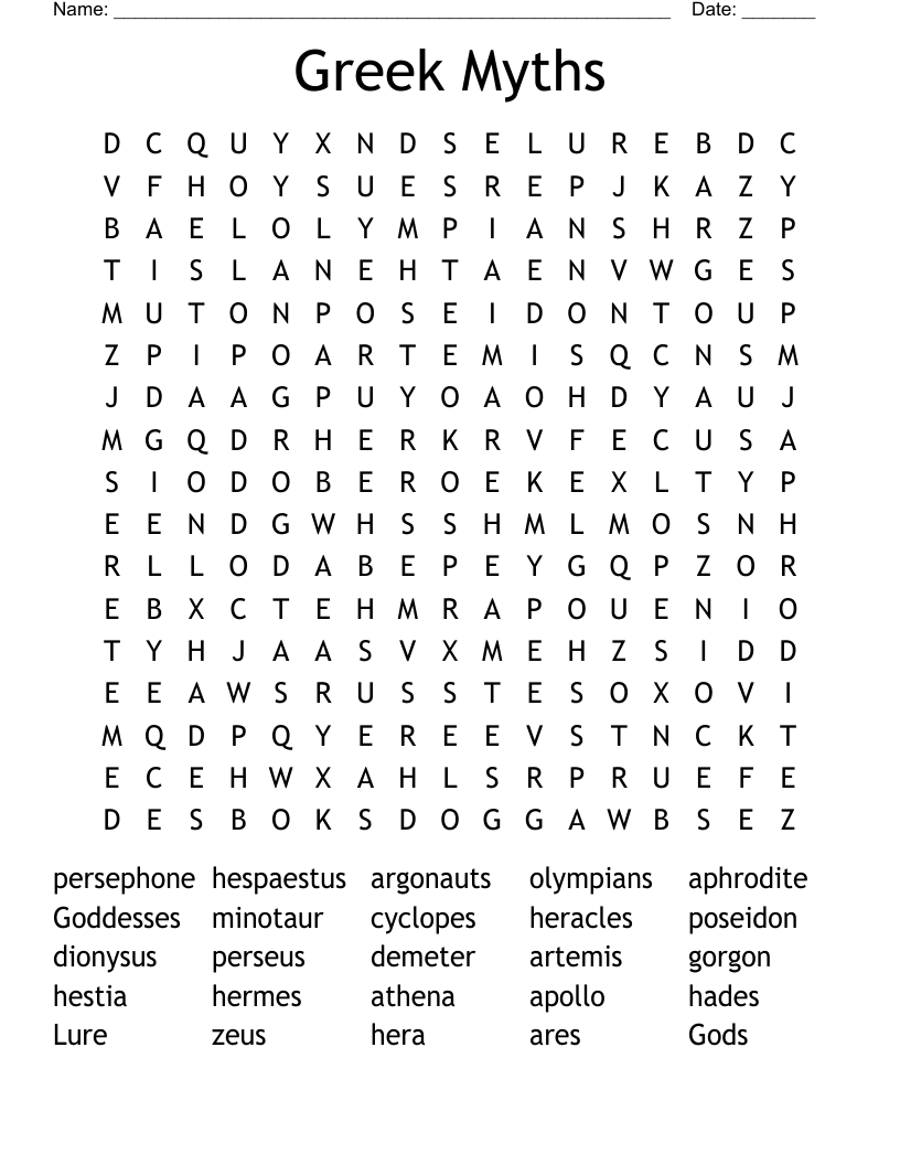 Greek Myths Word Search