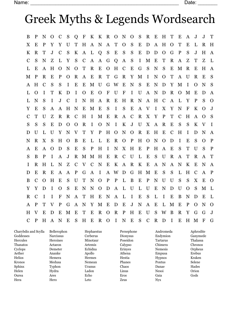 Greek Myths & Legends Wordsearch