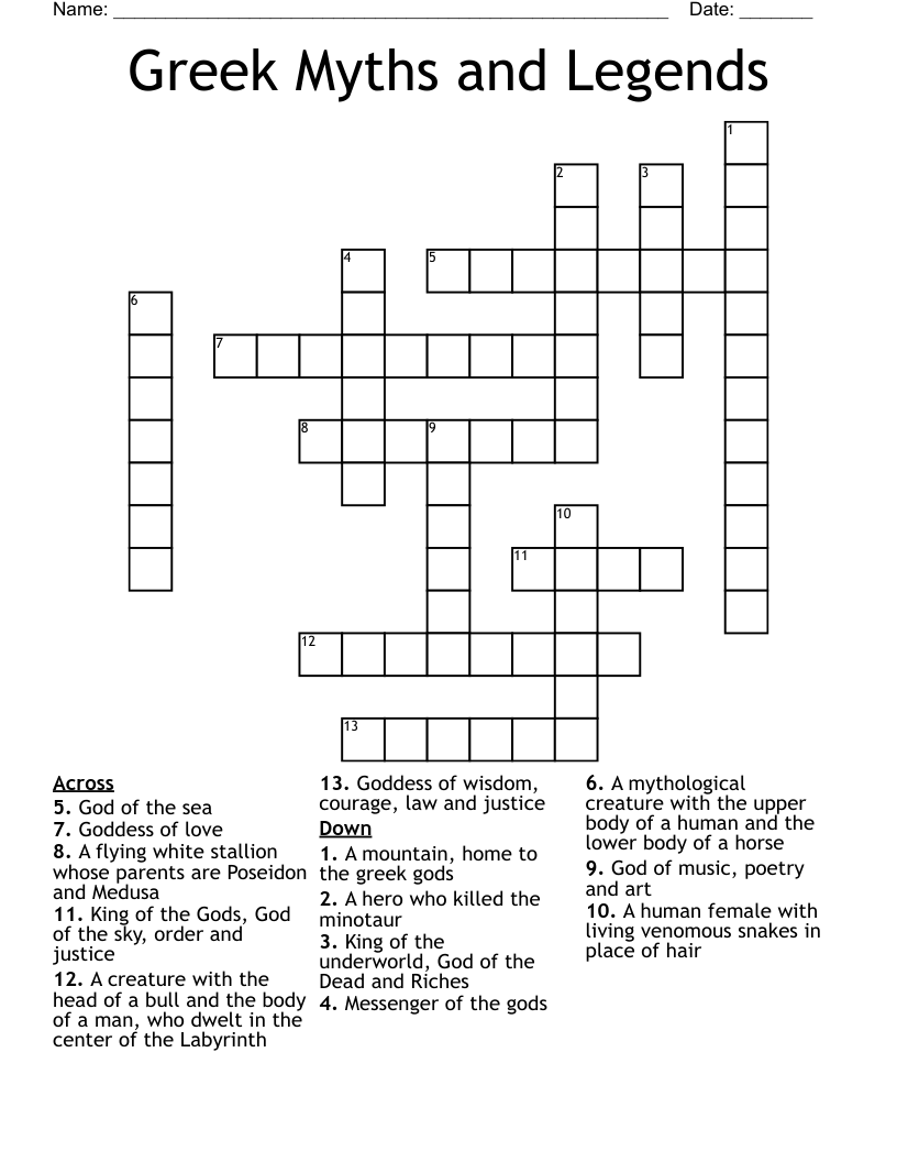 Greek Myths and Legends Crossword