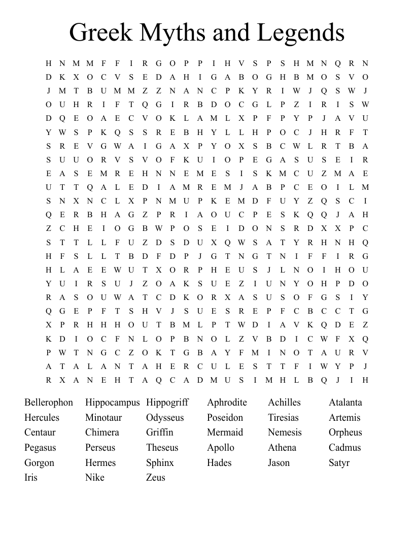 Greek Myths and Legends Word Search
