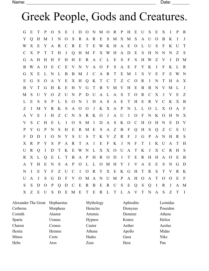 Greek People, Gods and Creatures. Word Search