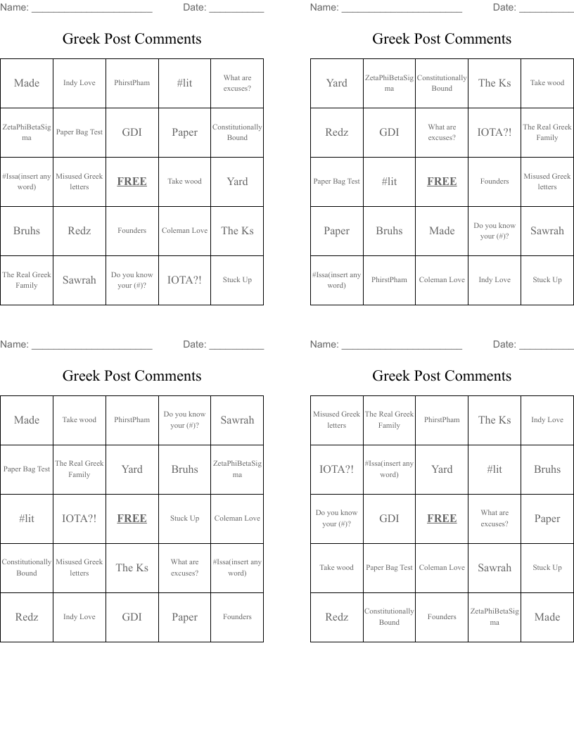Greek Post Comments Bingo Cards