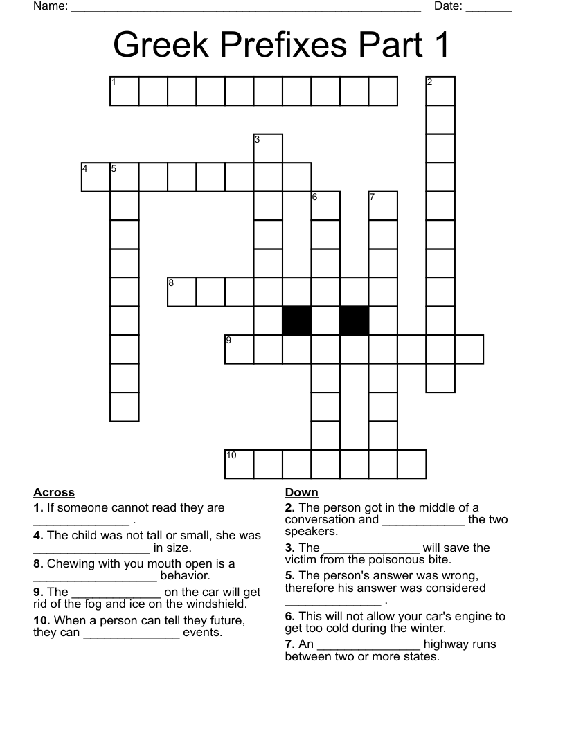 Greek Prefixes Part 1 Crossword