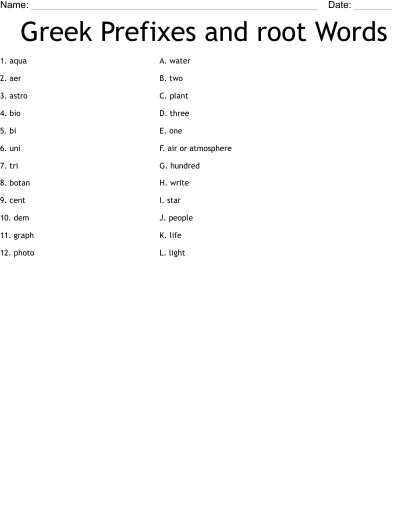 Greek Prefixes and root Words Worksheet