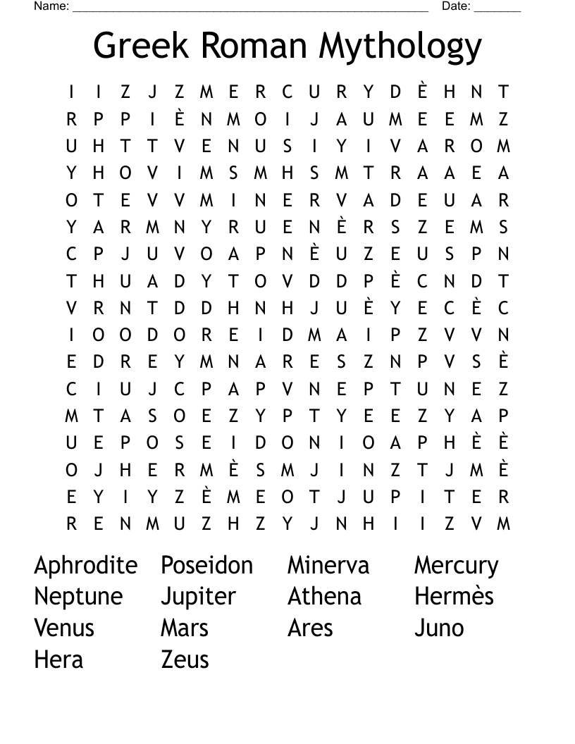 Greek Roman Mythology Word Search