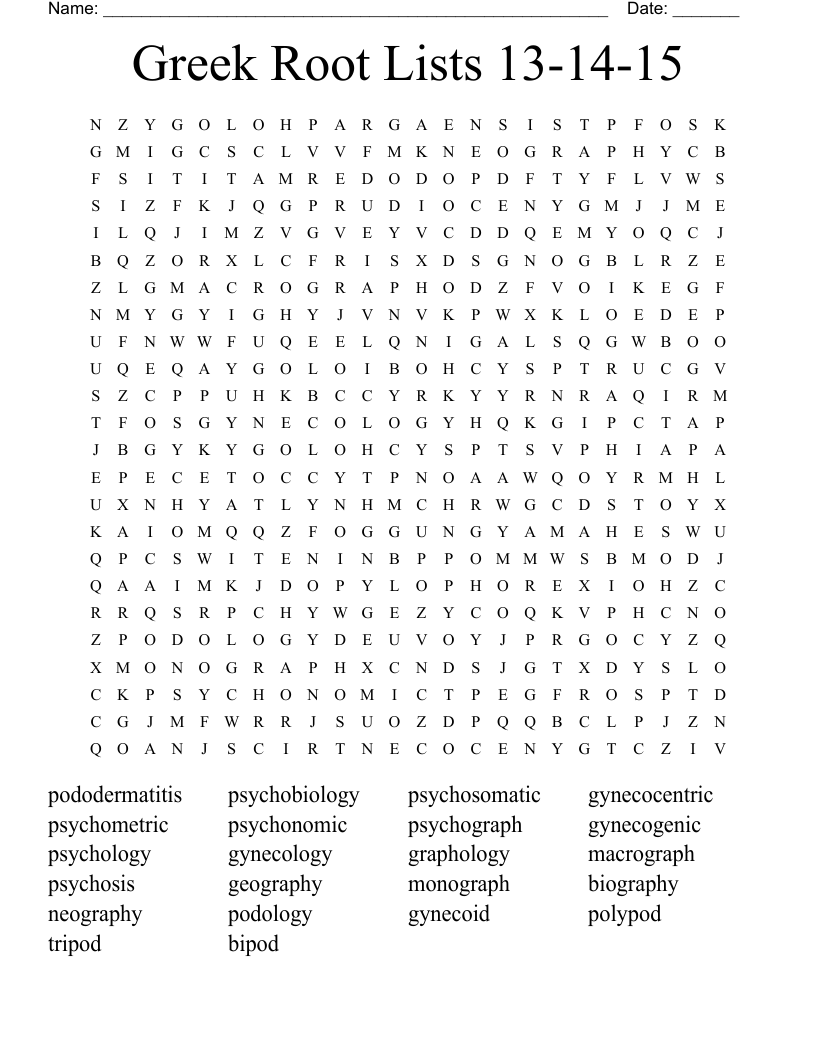 Greek Root Lists 13-14-15 Word Search