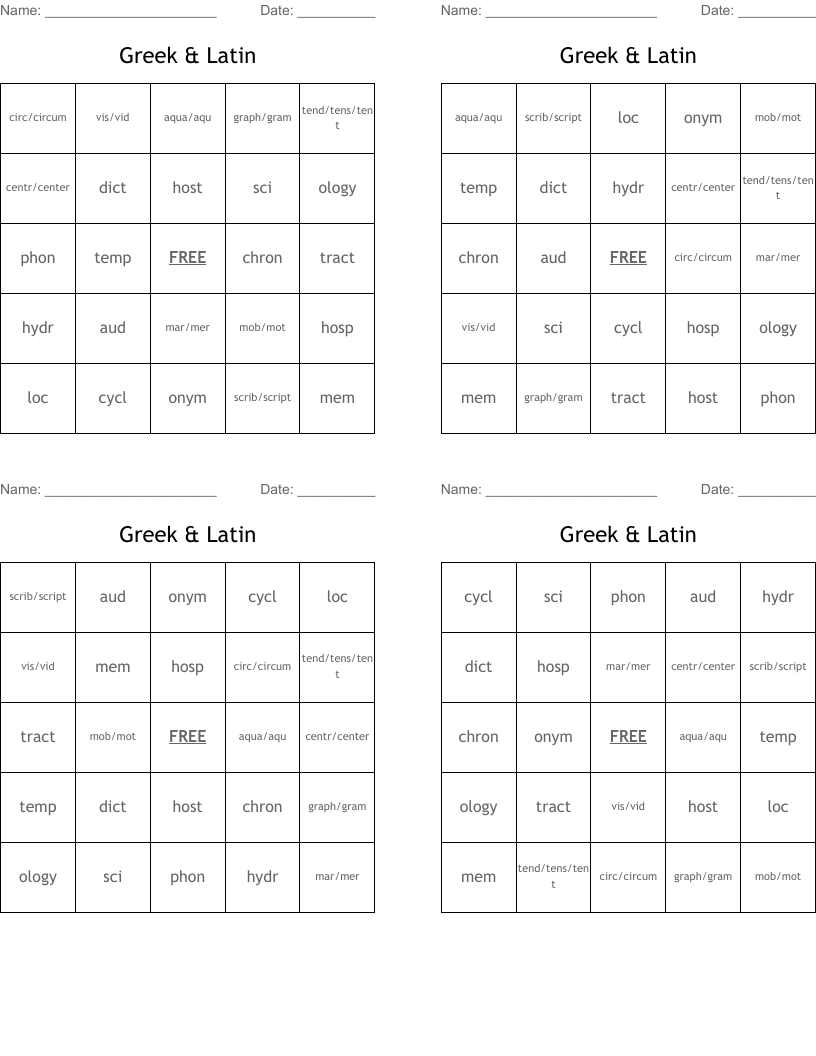 Greek & Latin Bingo Cards