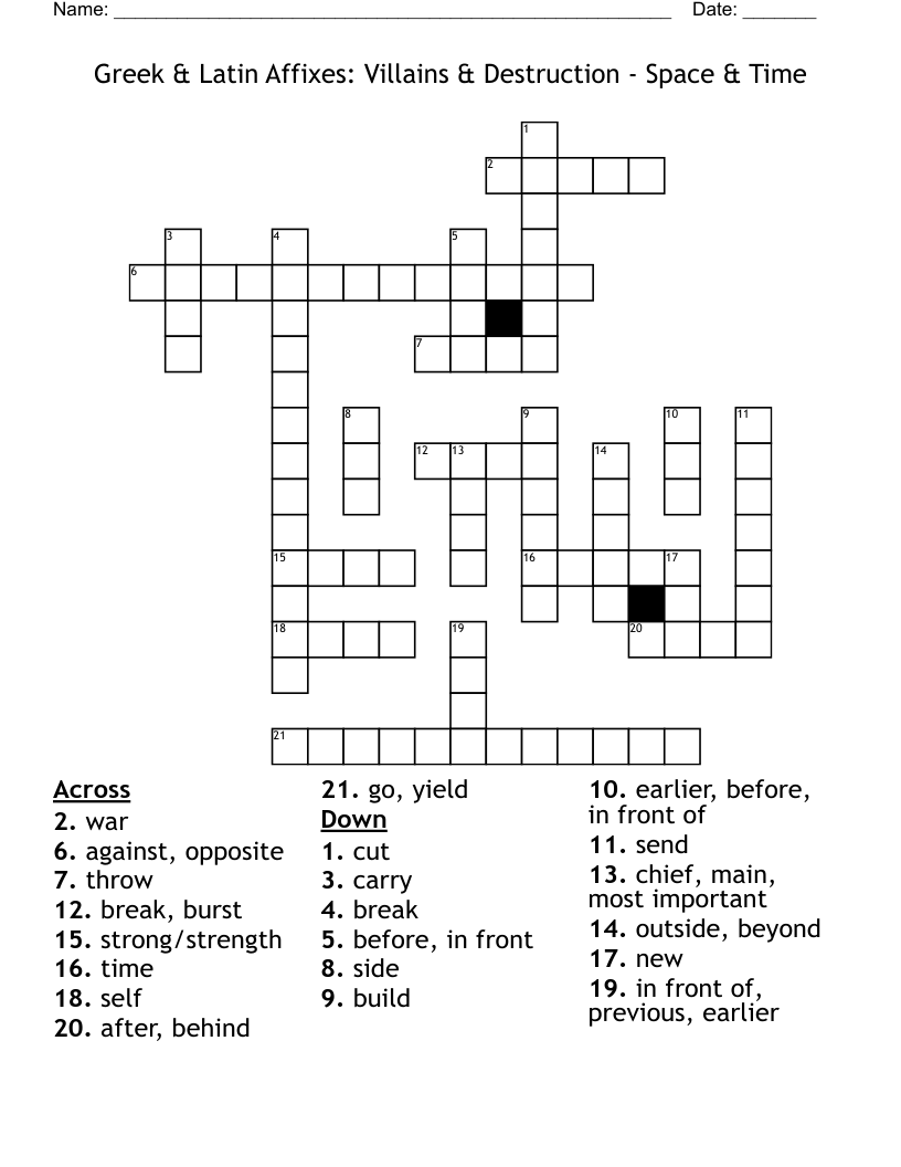 Greek & Latin Affixes: Villains & Destruction - Space & Time Crossword