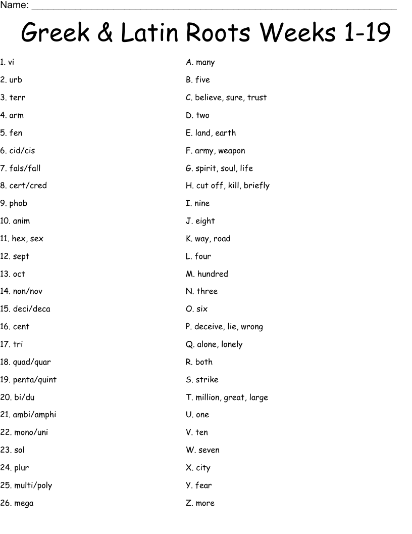 Greek & Latin Roots Weeks 1-19 Worksheet