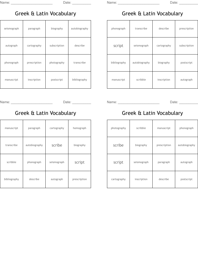 Greek & Latin Vocabulary Bingo Cards