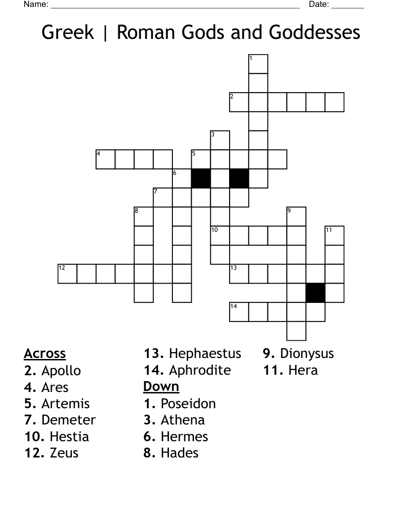 Greek | Roman Gods and Goddesses Crossword
