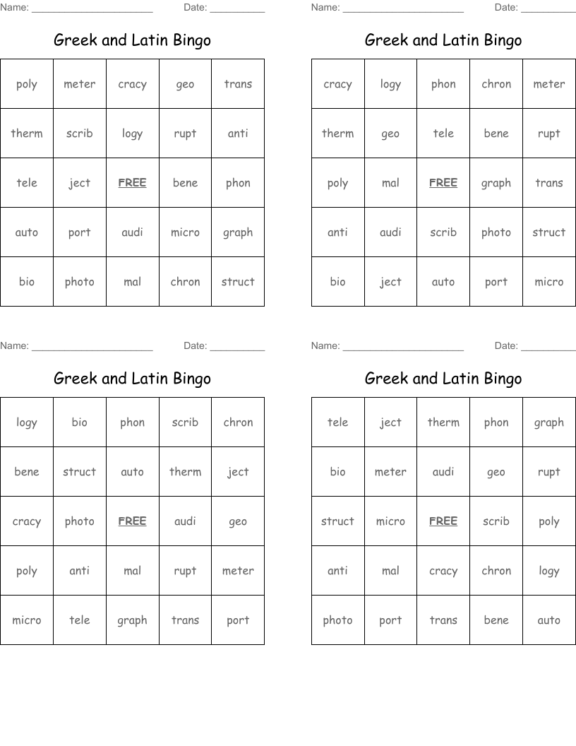 Greek and Latin Bingo