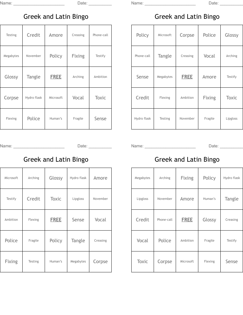 Greek and Latin Bingo