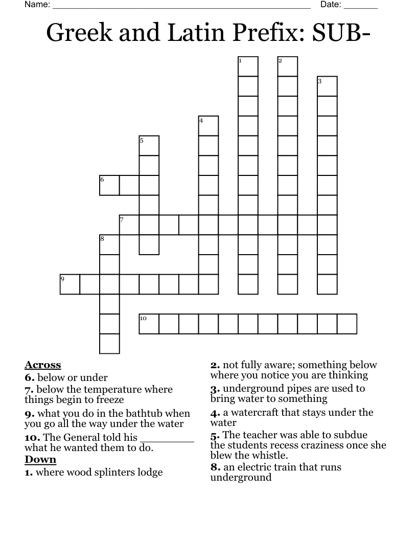 Greek and Latin Prefix:  SUB- Crossword