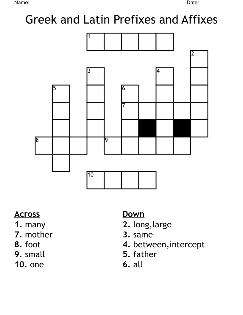 Greek and Latin Prefixes and Affixes Crossword