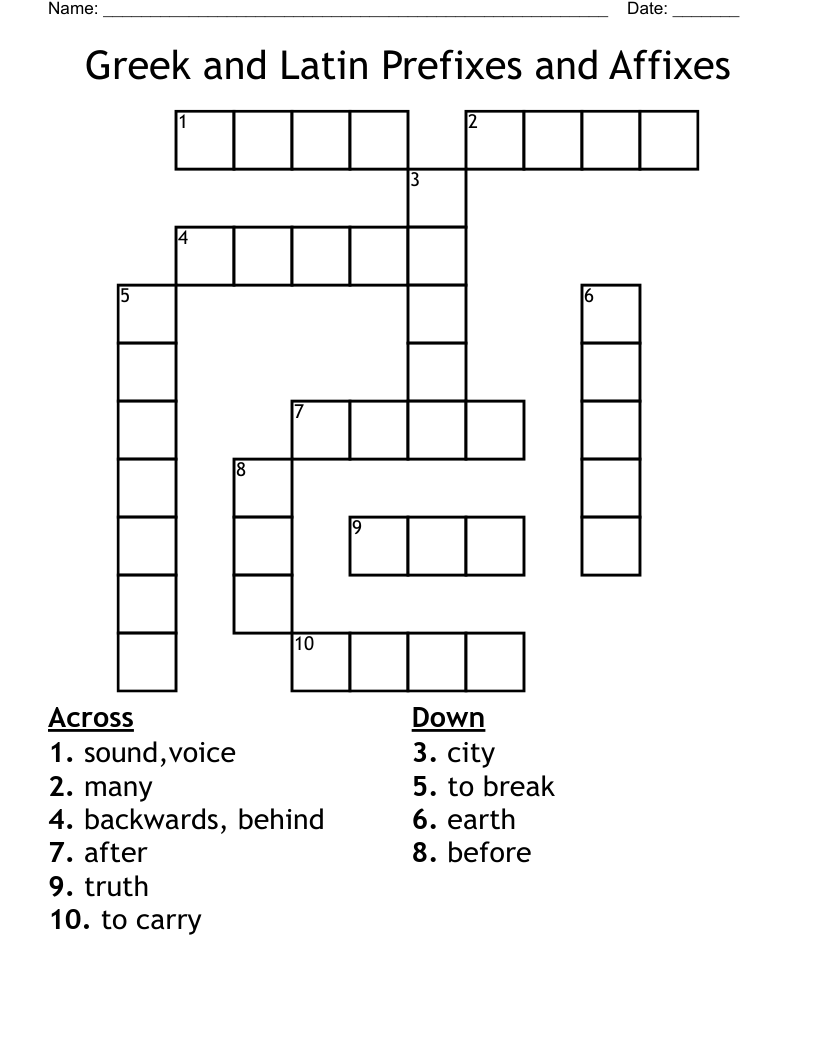 Greek and Latin Prefixes and Affixes Crossword