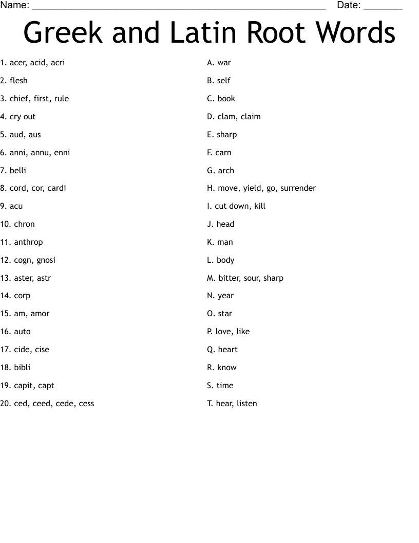Greek and Latin Root Words Worksheet