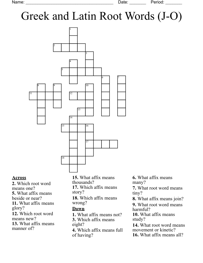 Greek and Latin Root Words (J-O) Crossword