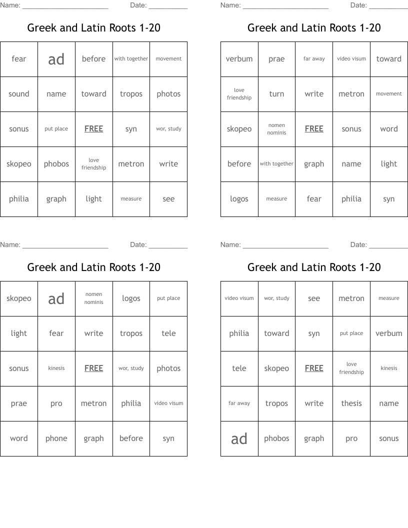 Greek and Latin Roots 1-20 Bingo Cards