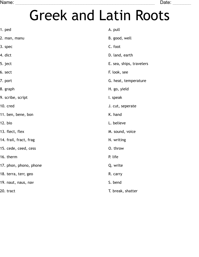Greek and Latin Roots Worksheet