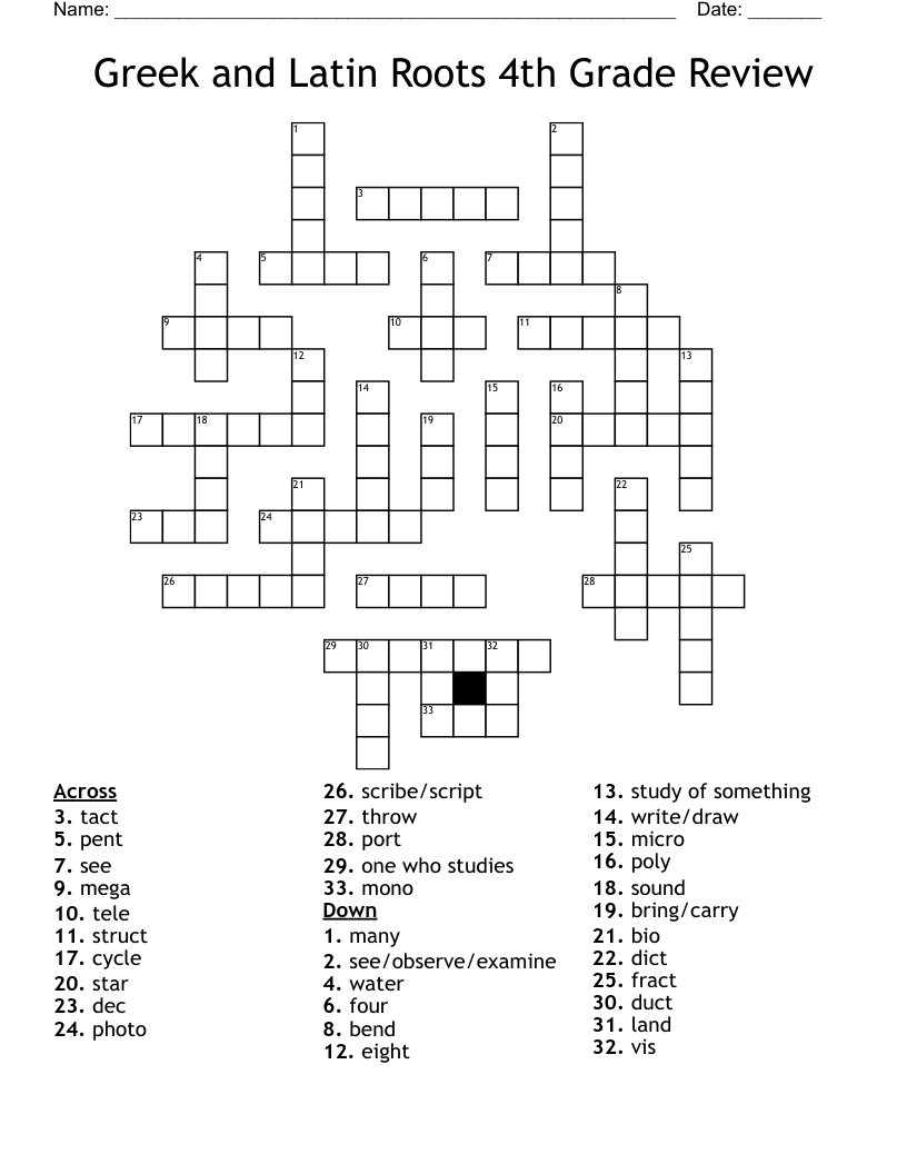 Greek and Latin Roots 4th Grade Review Crossword