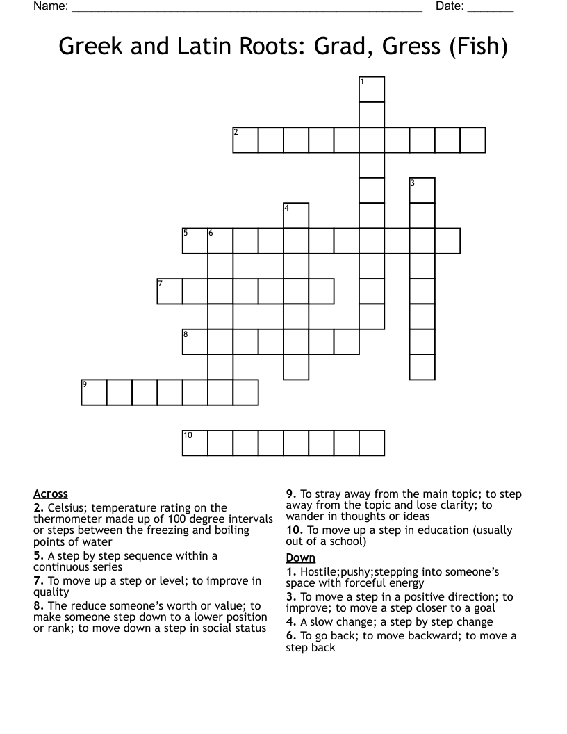 Greek and Latin Roots: Grad, Gress (Fish) Crossword