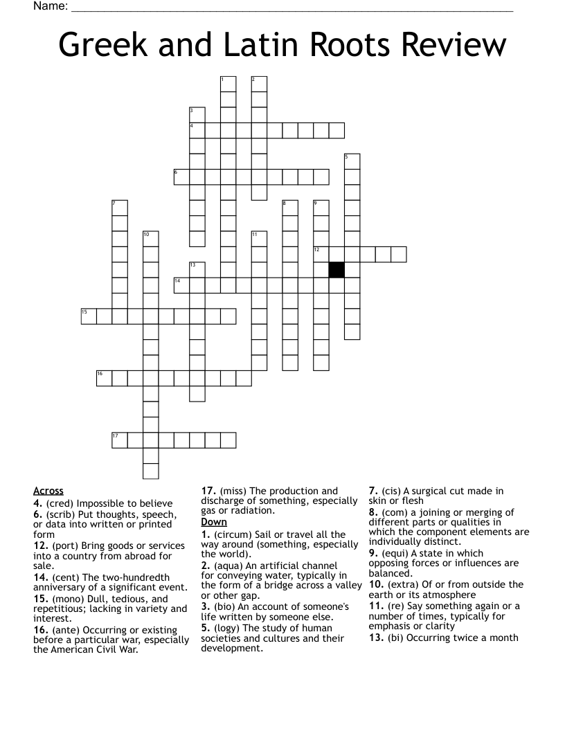 Greek and Latin Roots Review Crossword