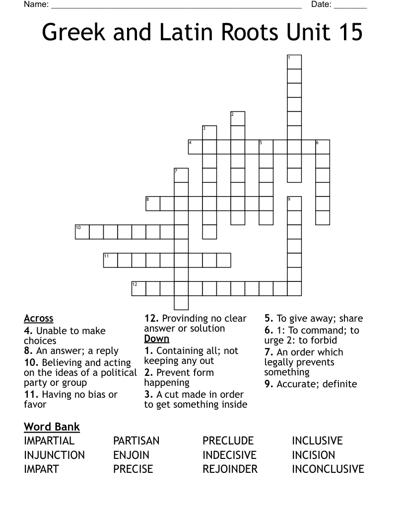 Greek and Latin Roots Unit 15 Crossword