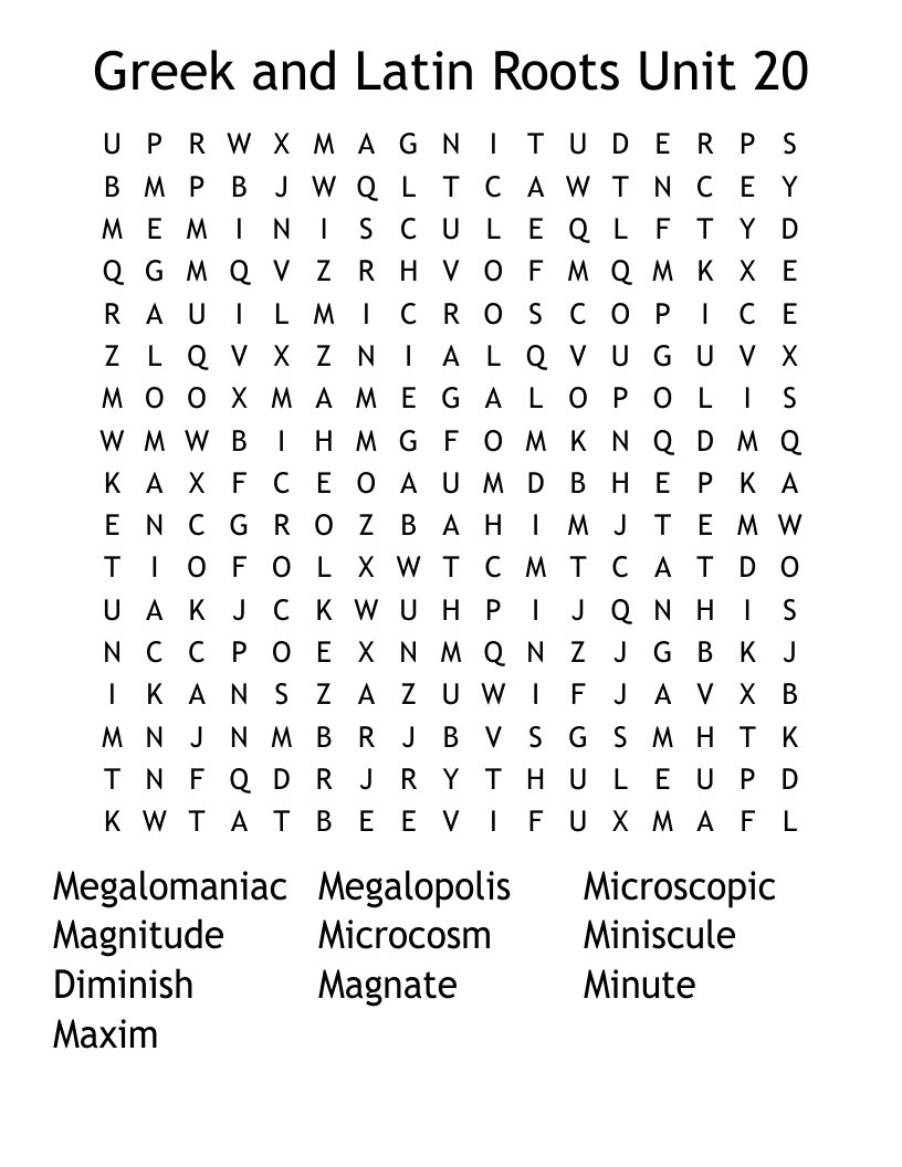 Greek and Latin Roots Unit 20 Word Search