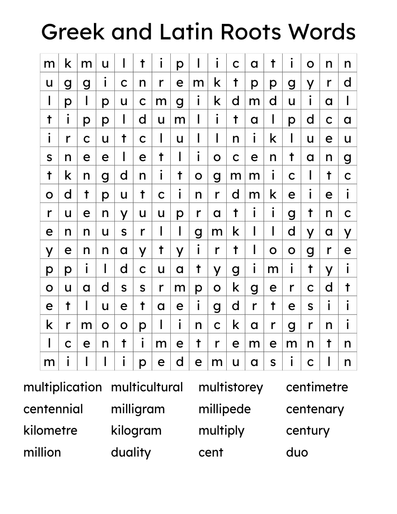 Greek and Latin Roots Words Word Search