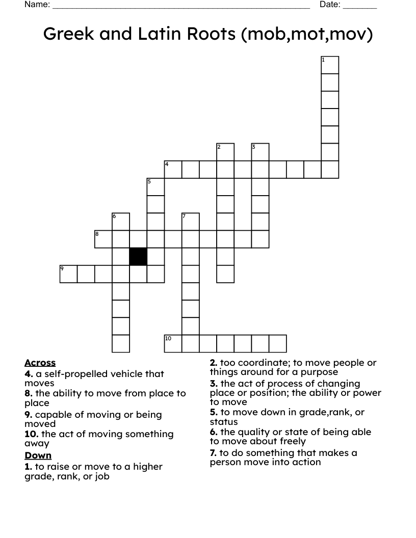 Greek and Latin Roots (mob,mot,mov) Crossword