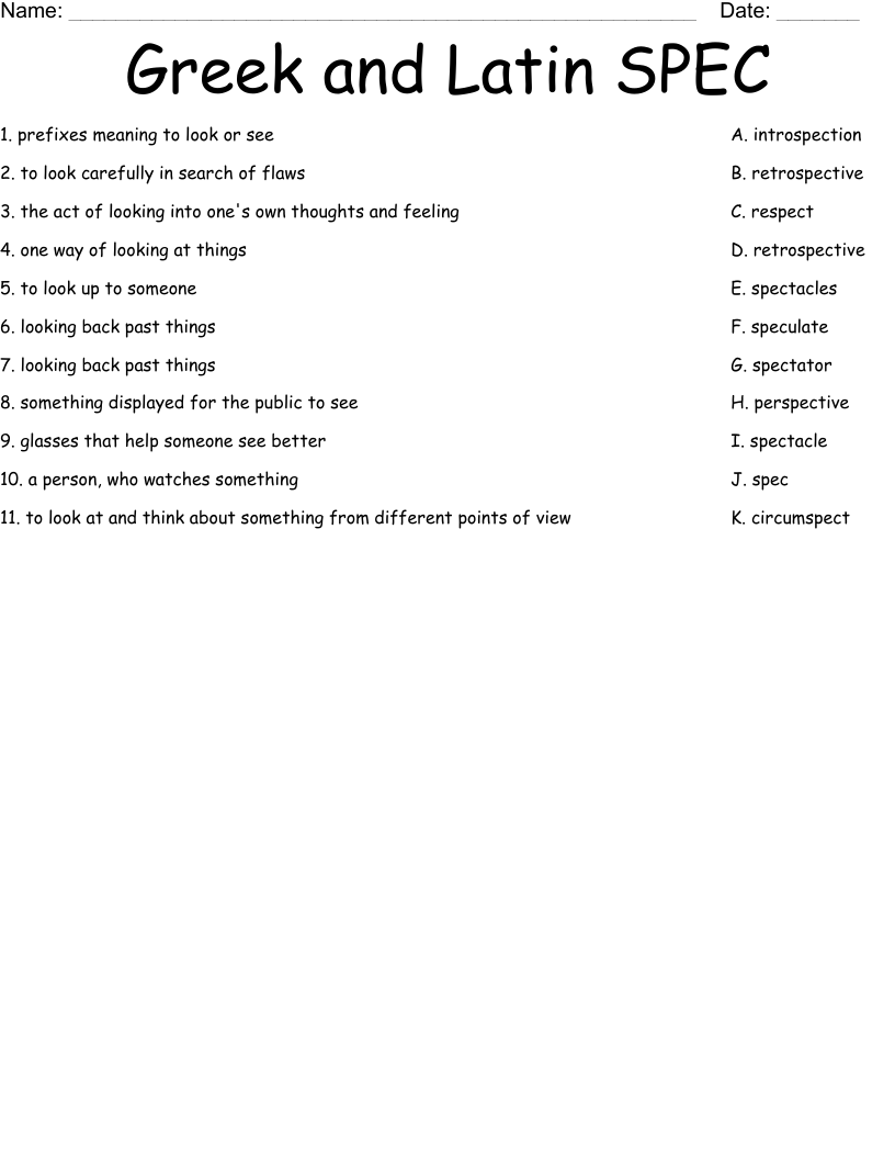 Greek and Latin SPEC Worksheet