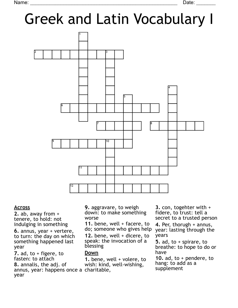 Greek and Latin Vocabulary I Crossword