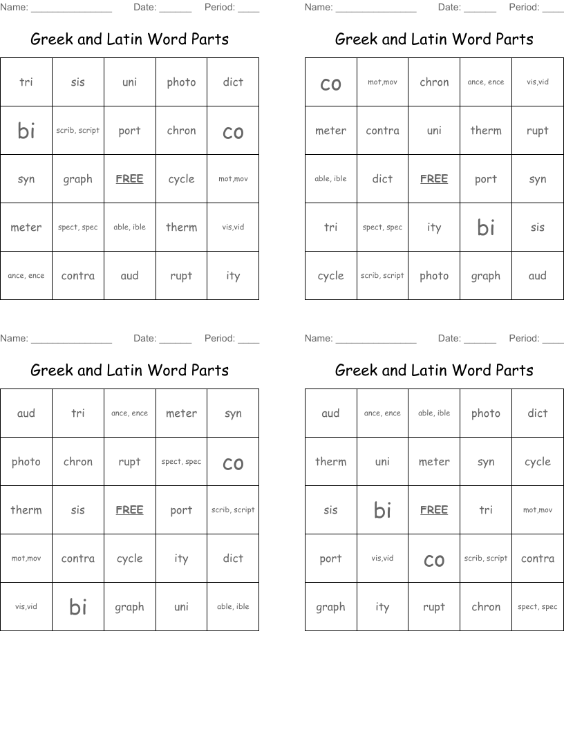 Greek and Latin Word Parts Bingo Cards