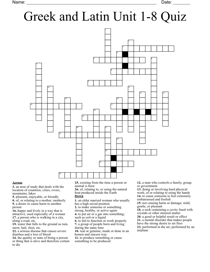 Greek and Latin  Unit 1-8 Quiz Crossword