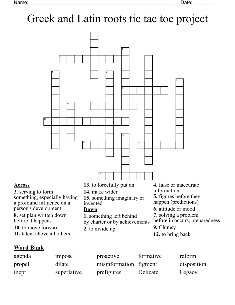 Greek and Latin  roots tic tac toe project  Crossword