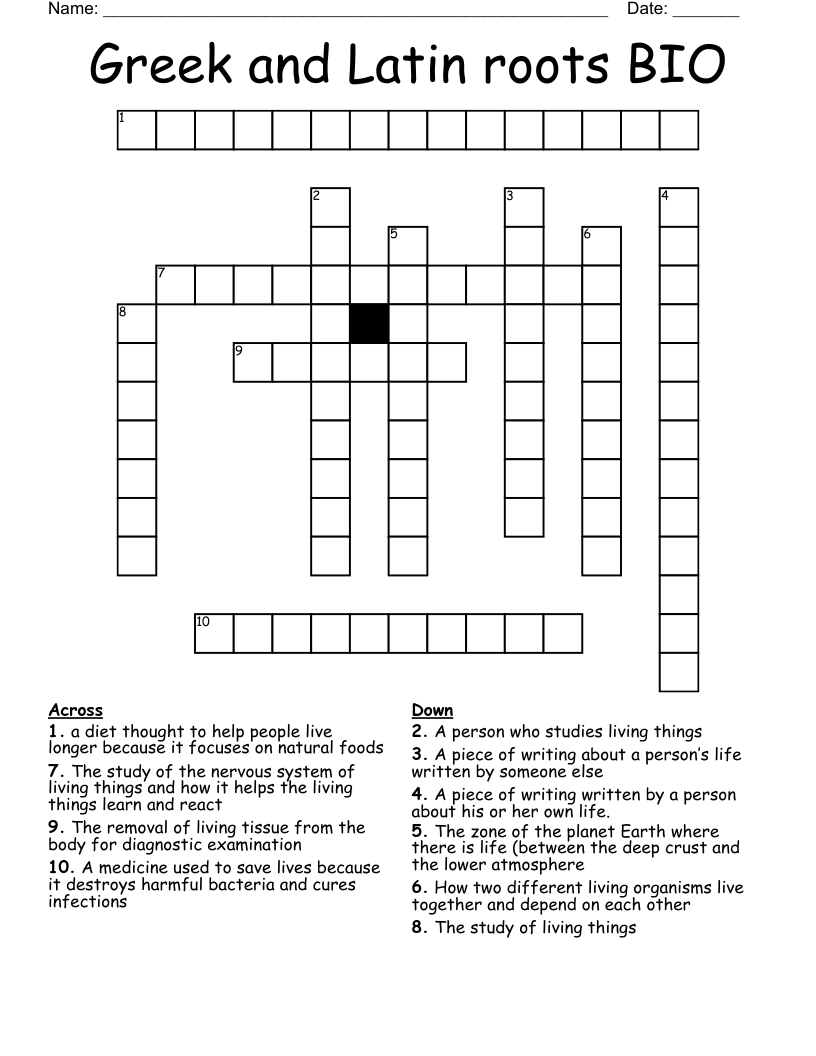 Greek and Latin roots BIO Crossword