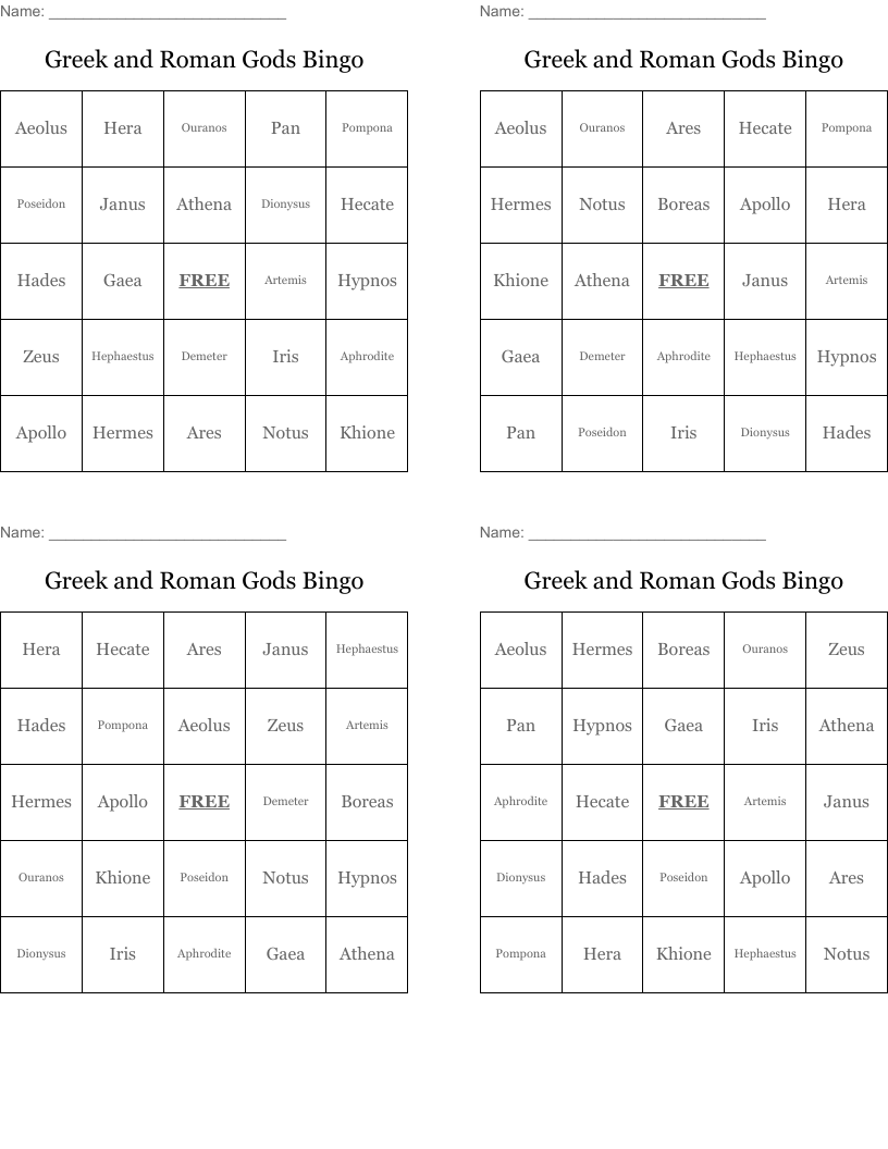 Greek and Roman Gods Bingo