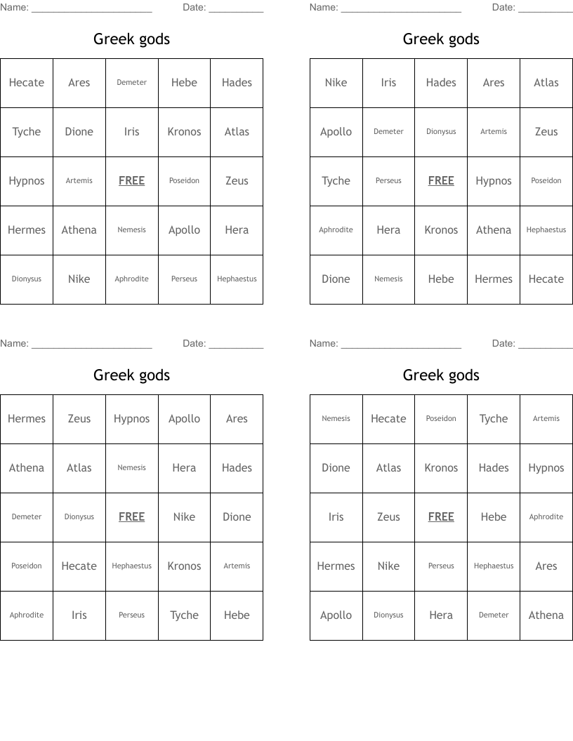 Greek gods Bingo Cards