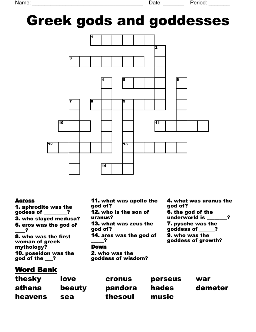 Greek gods and goddesses Crossword