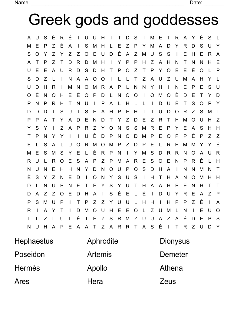 Greek gods and goddesses Word Search