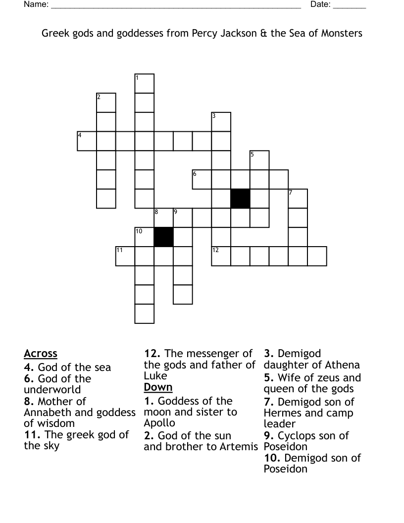 Greek gods and goddesses from Percy Jackson & the Sea of Monsters Crossword