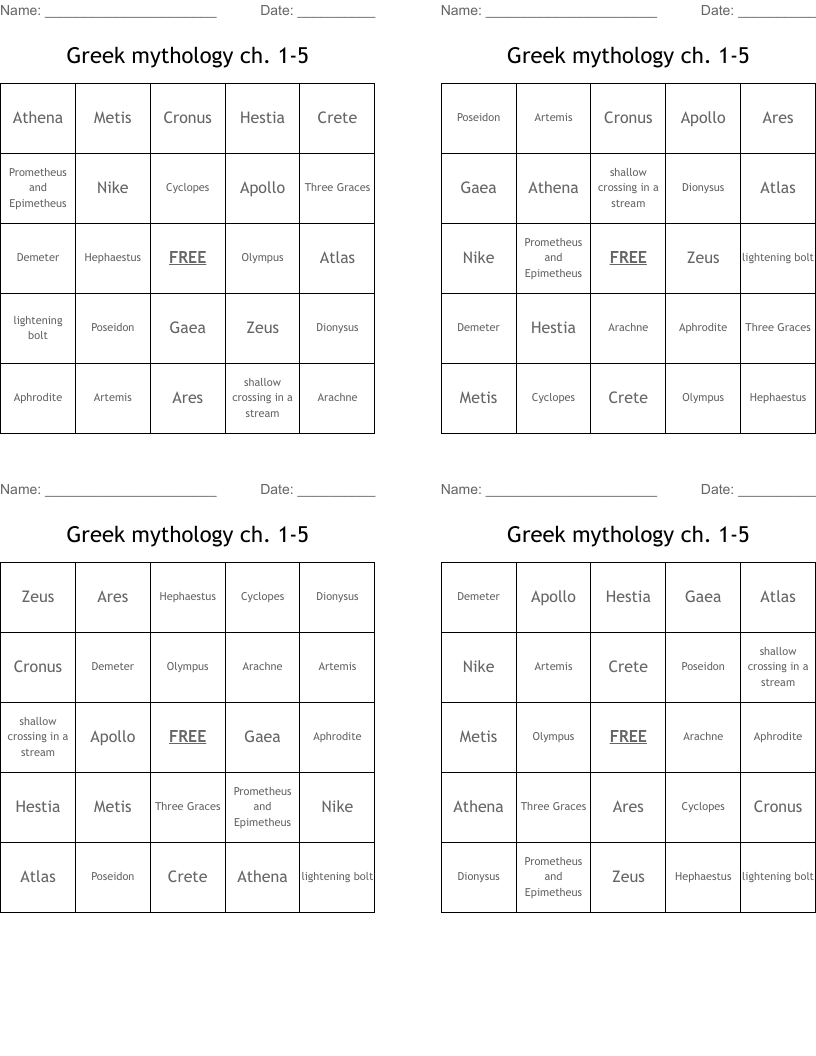 Greek mythology ch. 1-5 Bingo Cards